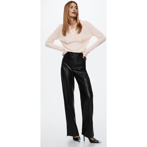 Mango MNGO Leather Effect Straight Trouser Pants Split Hem Womens Size 6 Black - Picture 2 of 10